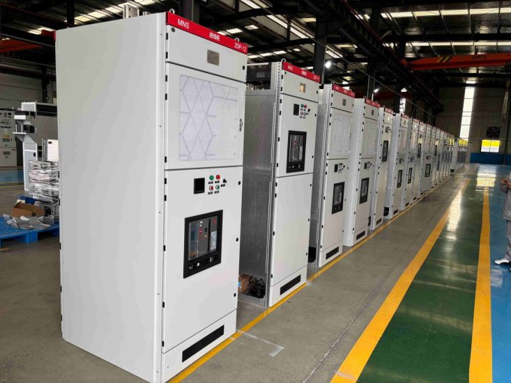 Factory rows of low voltage switchgear Factory rows of low voltage switchgear