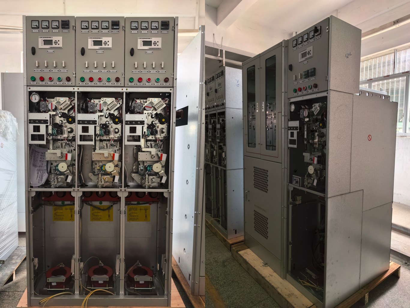 Gas‑insulated switchgear open cabinet internal structure in factory