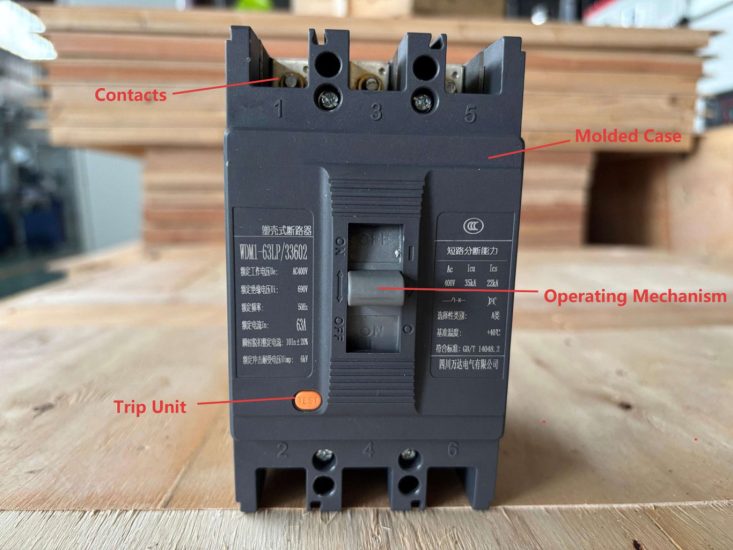 Internal components of MCCB with labeled parts Internal components of MCCB with labeled parts