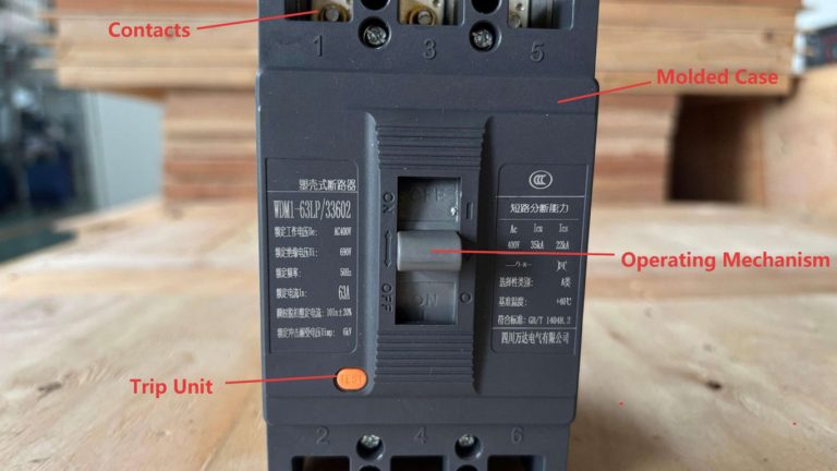 Internal components of MCCB with labeled parts Internal components of MCCB with labeled parts
