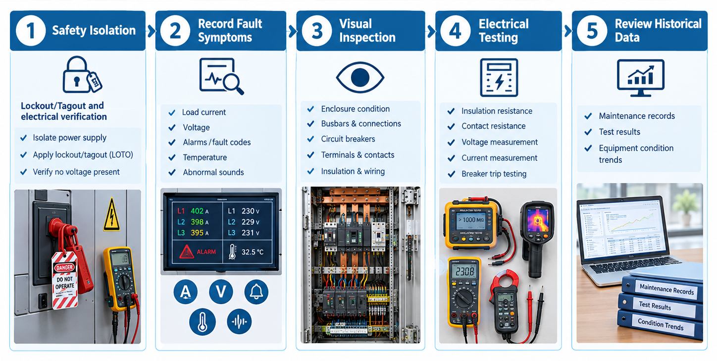 Low voltage switchgear troubleshooting and inspection process