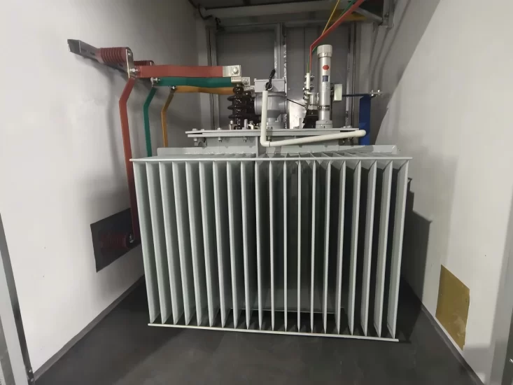 Oil-immersed distribution transformer with drop-out fuse and surge arrester inside a box-type substation chamber Oil-immersed distribution transformer with drop-out fuse and surge arrester inside a box-type substation chamber