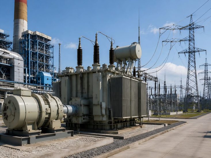 Power transformer in power plant stepping up voltage for long-distance transmission Power transformer in power plant stepping up voltage for long-distance transmission