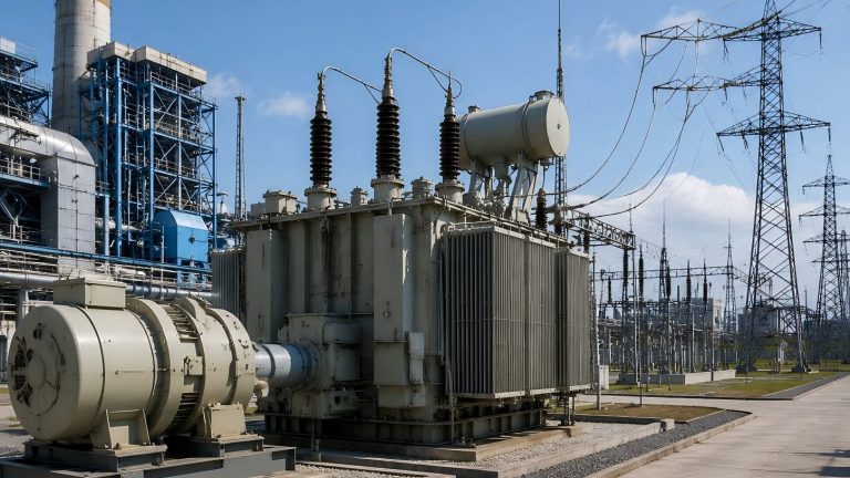 Power transformer in power plant stepping up voltage for long-distance transmission