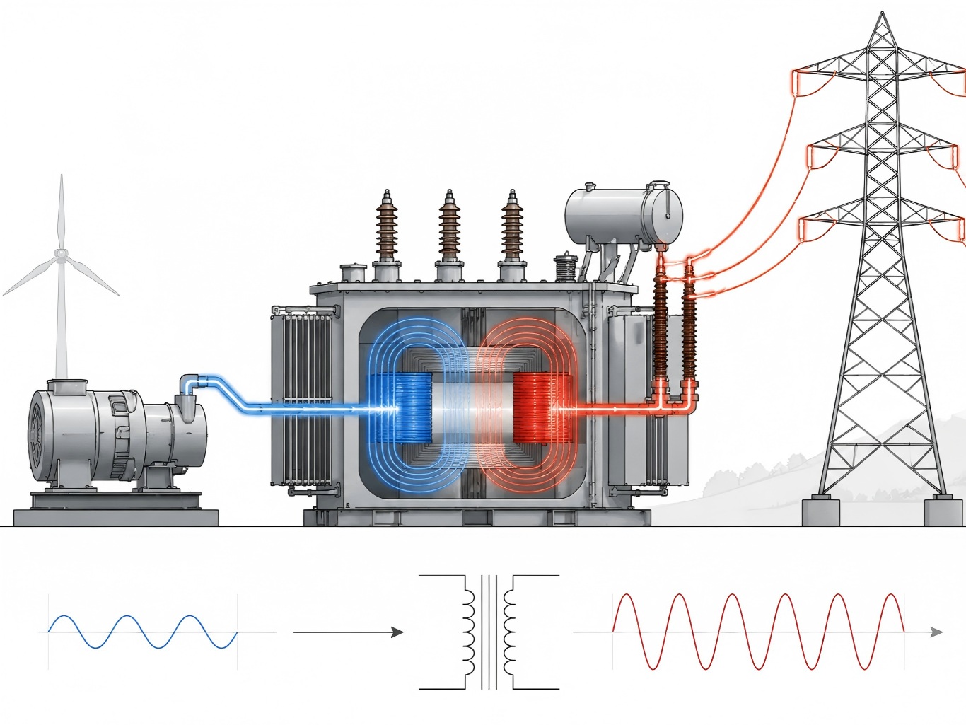 Power transformer voltage conversion from generator to transmission system