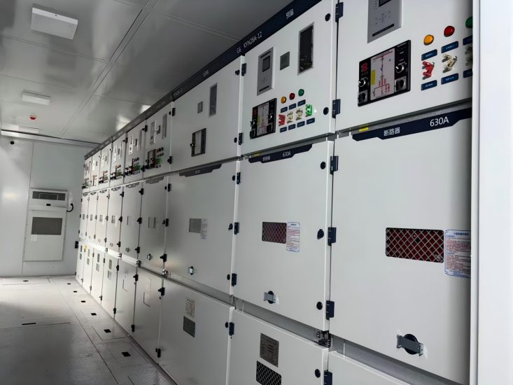 Row of KYN28A-12 medium voltage switchgears inside prefabricated power cabin Row of KYN28A-12 medium voltage switchgears inside prefabricated power cabin
