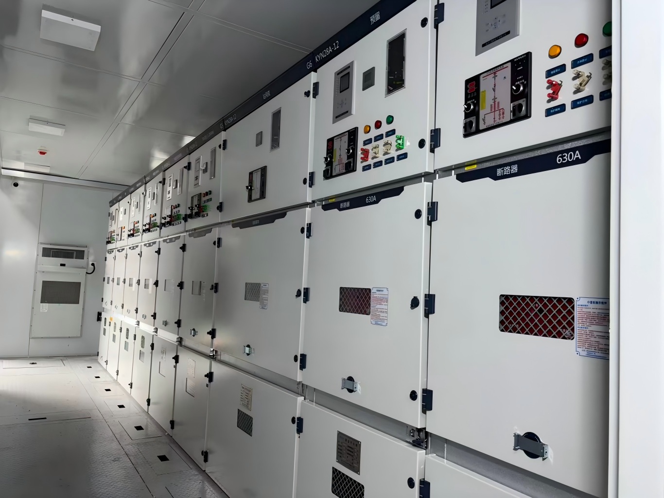 Row of KYN28A-12 medium voltage switchgears inside prefabricated power cabin