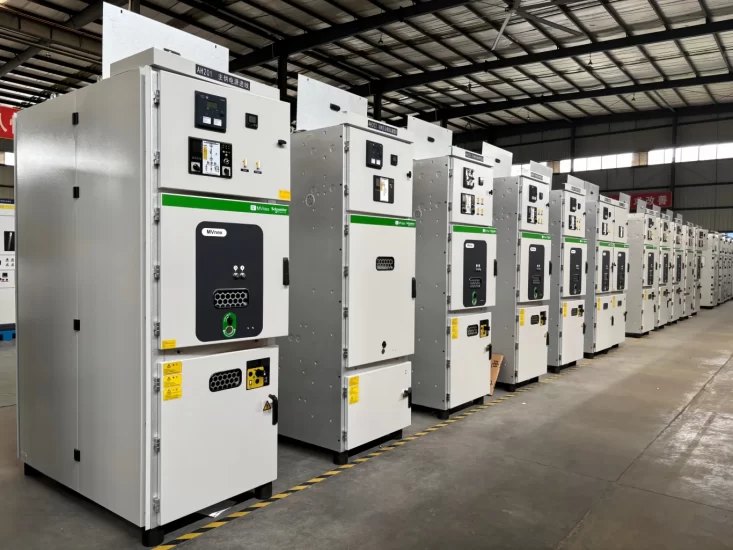 Row of MVnex medium voltage switchgear panels in a switchgear manufacturing facility Row of MVnex medium voltage switchgear panels in a switchgear manufacturing facility