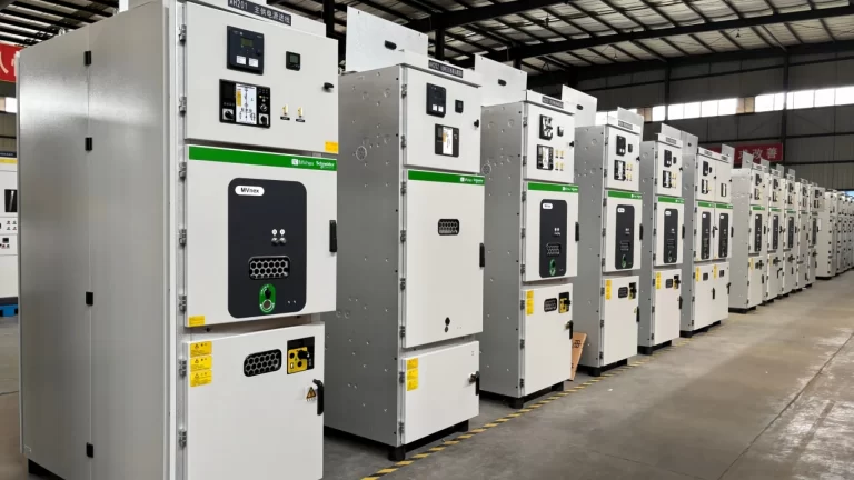 Row of MVnex medium voltage switchgear panels in a switchgear manufacturing facility