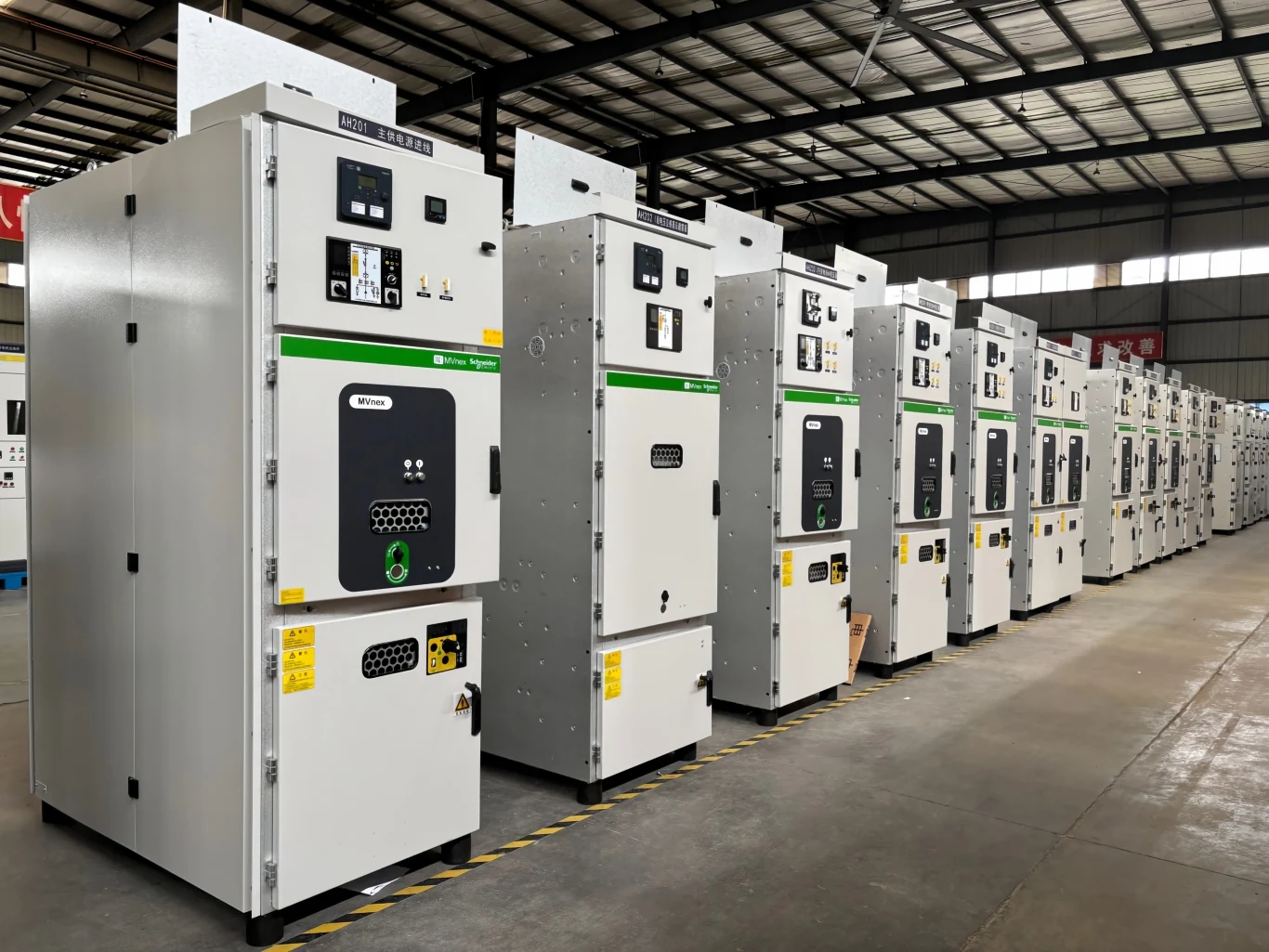Row of MVnex medium voltage switchgear panels in a switchgear manufacturing facility