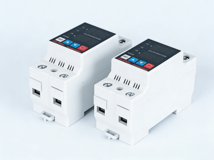 Two DIN-rail electrical protectors side by side Two DIN-rail electrical protectors side by side