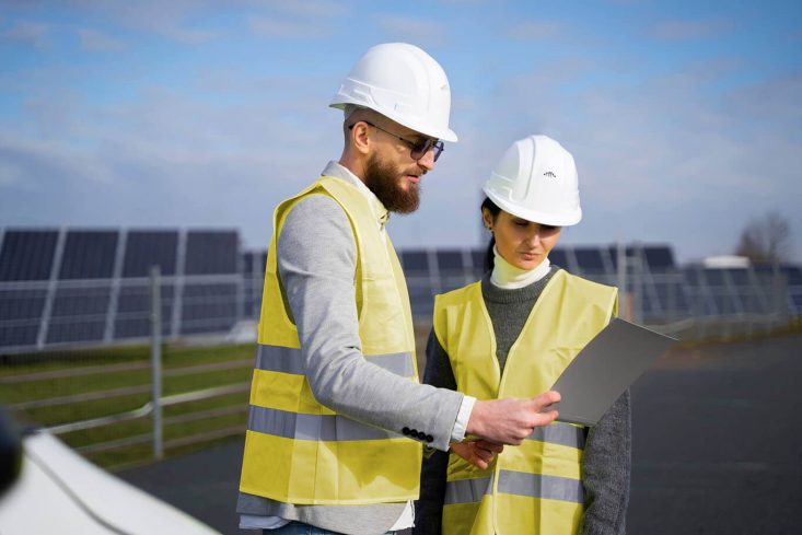 Two engineers in safety gear reviewing plans at a solar farm Two engineers in safety gear reviewing plans at a solar farm