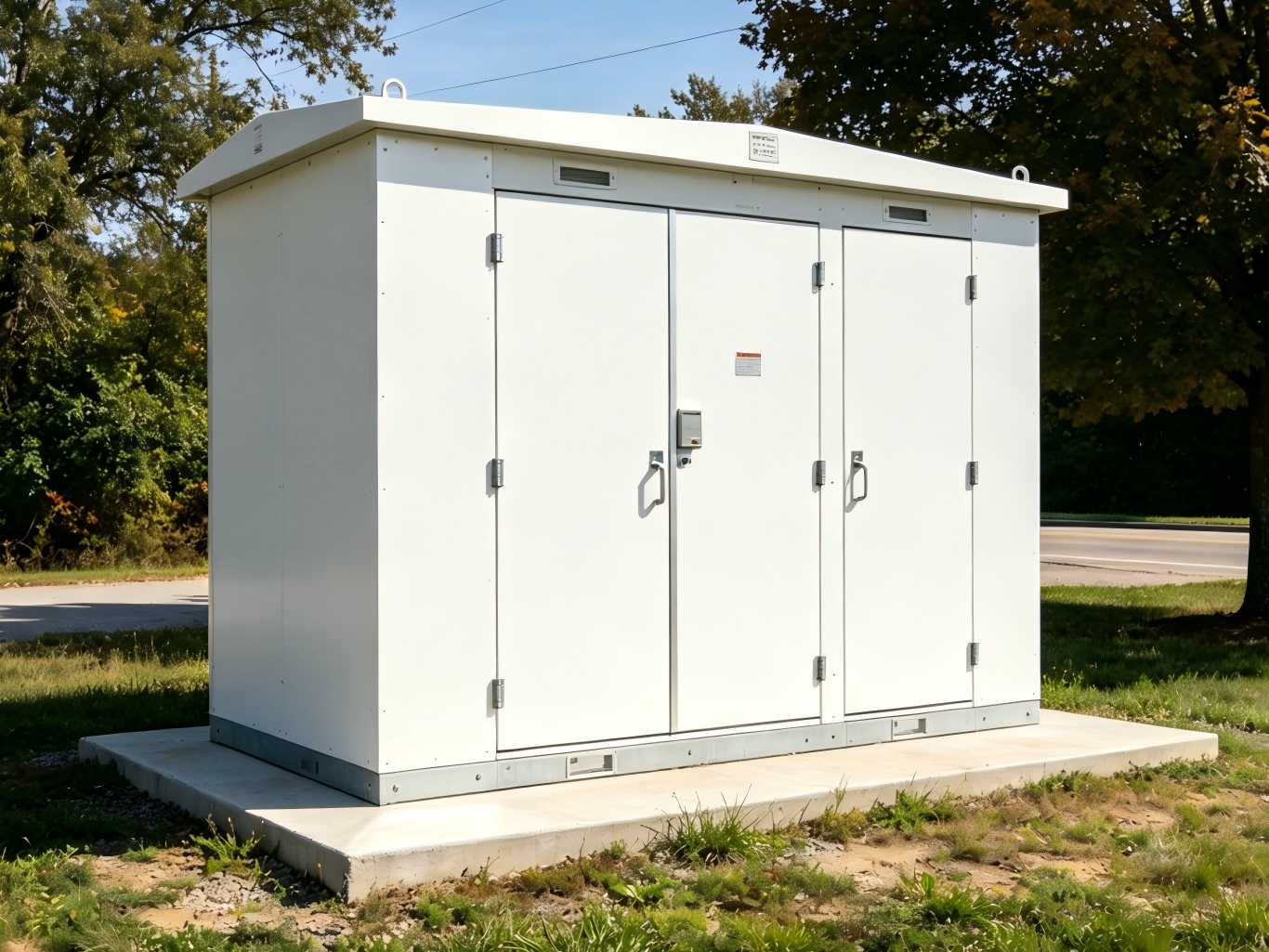 a white kiosk substation on the lawn