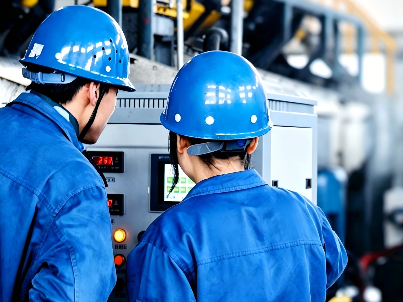 two workers are operating a distribution box