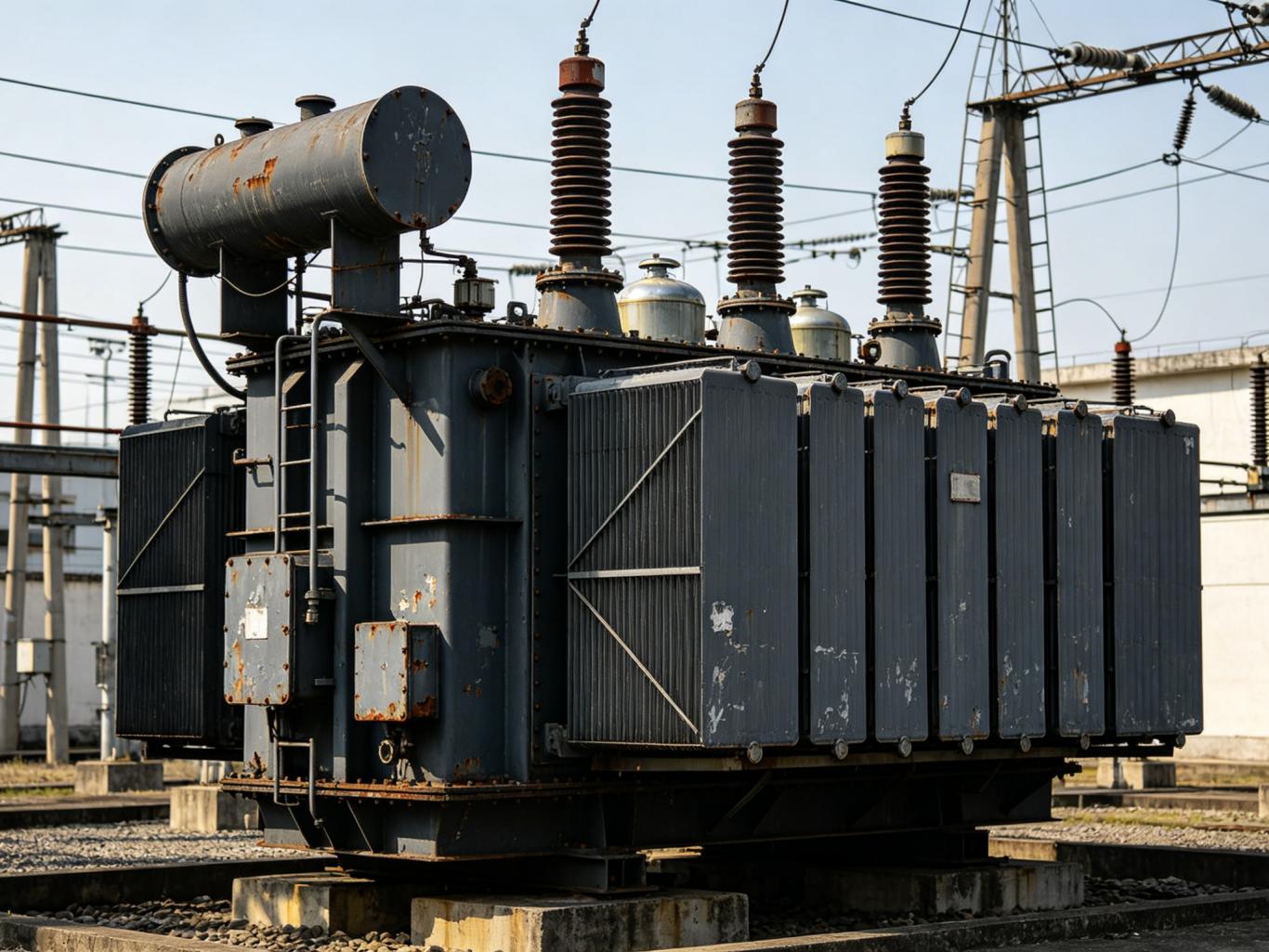 Aged large power transformer in outdoor substation with high-voltage electrical equipment