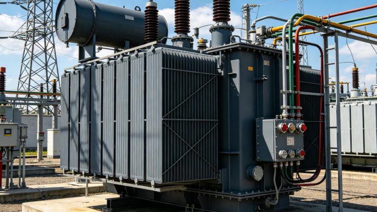 New large power transformer in outdoor high voltage substation
