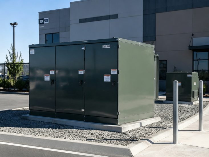 Pad mounted transformers installed in urban distribution environment near commercial buildings Pad mounted transformers installed in urban distribution environment near commercial buildings
