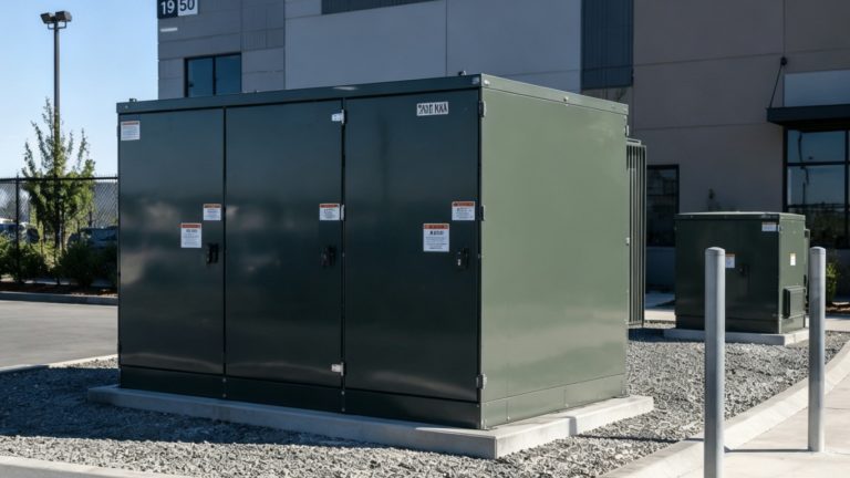 Pad mounted transformers installed in urban distribution environment near commercial buildings