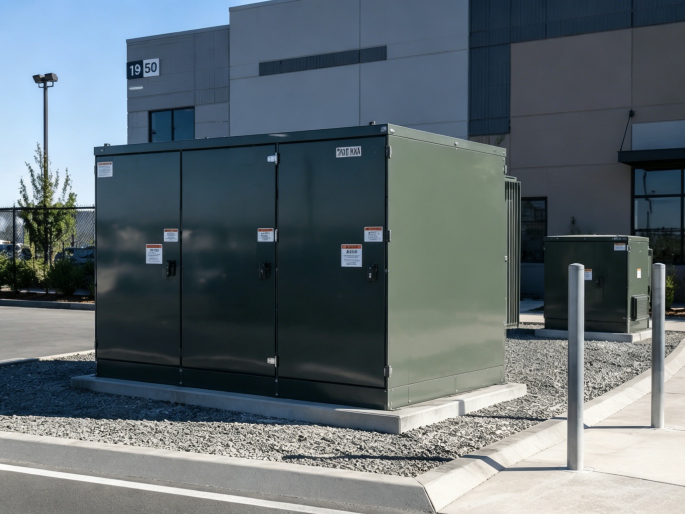 Pad mounted transformers installed in urban distribution environment near commercial buildings