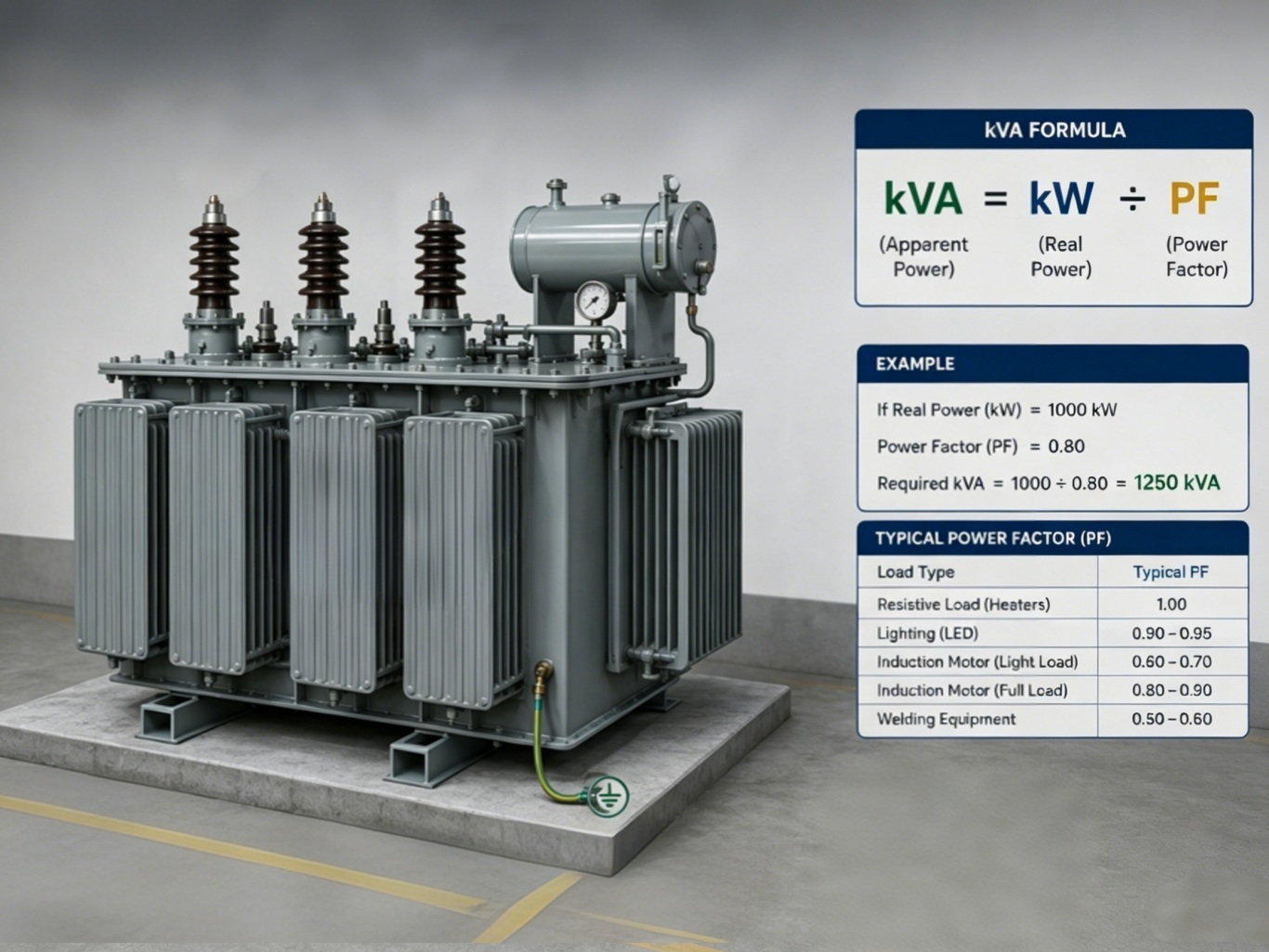Power transformer sizing formula for kVA calculation