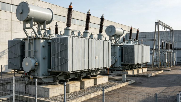 Two power transformers are installed outside the industrial plant