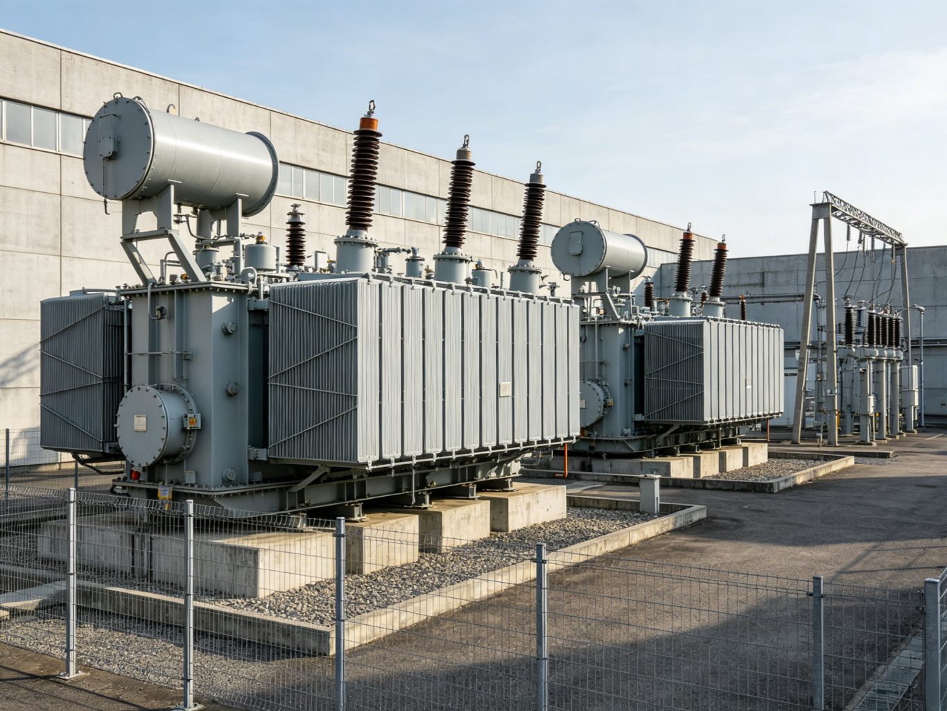 Two power transformers are installed outside the industrial plant