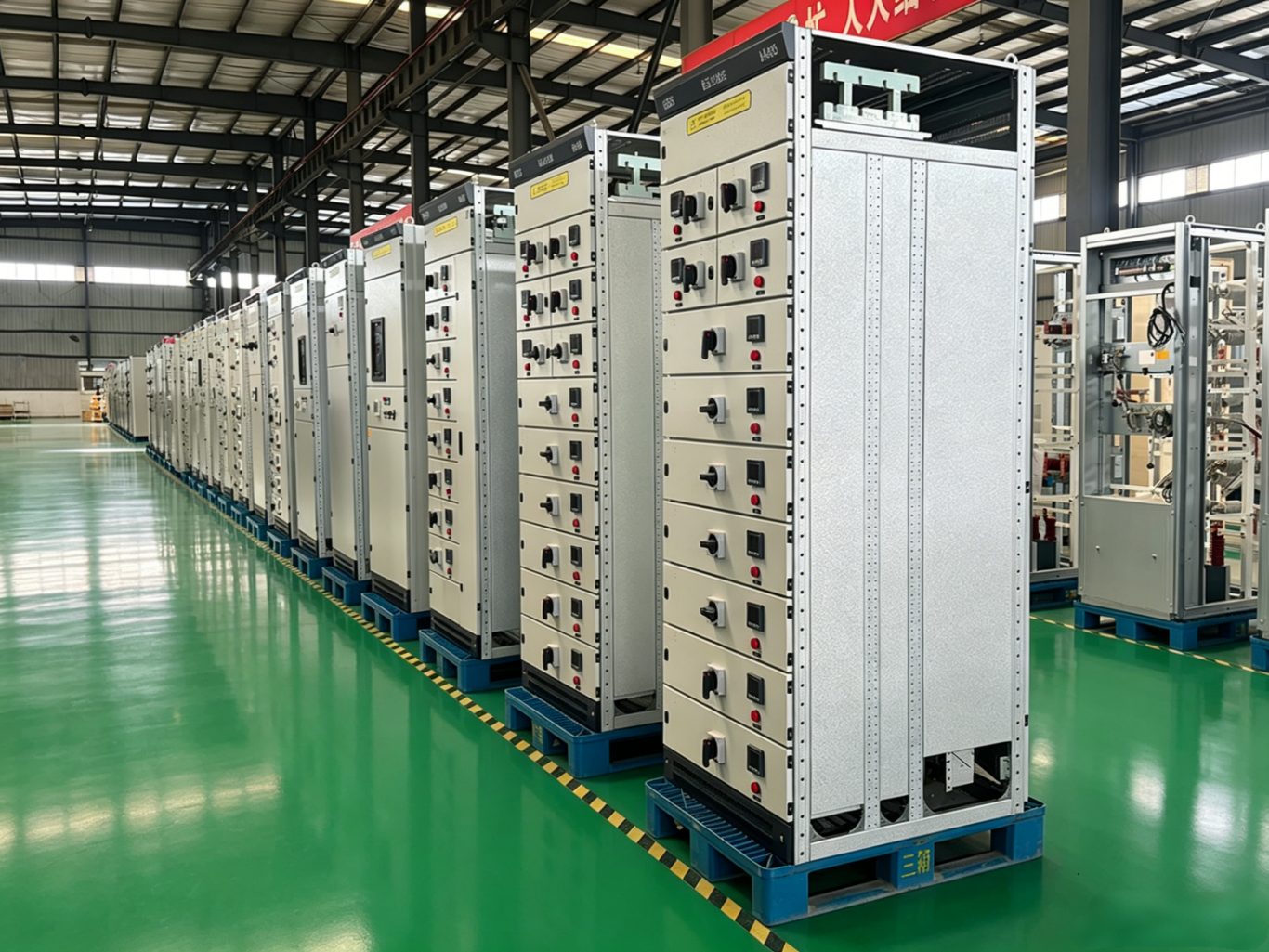 low voltage switchgear panels in factory workshop