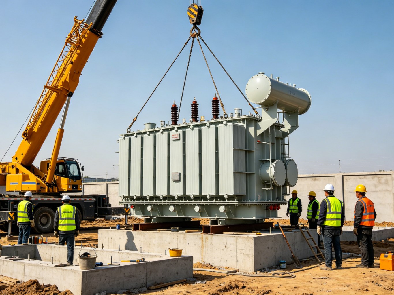 A power transformer is being installed at the power plant