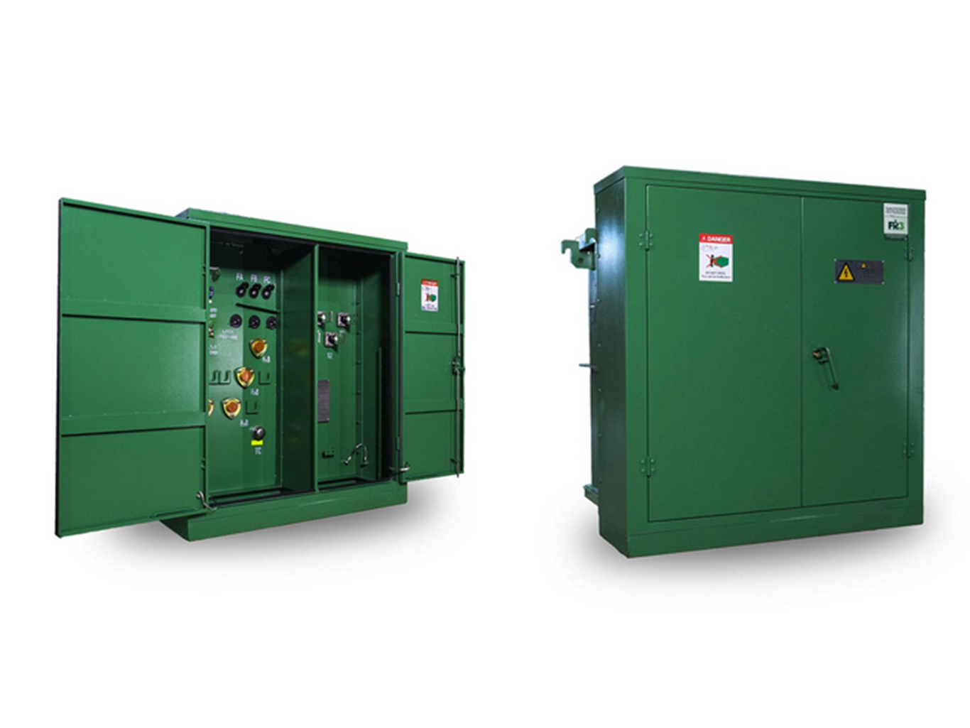 Pad-mounted transformer with control panel and green metal enclosure