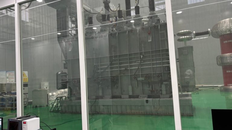 The power transformer is undergoing factory testing