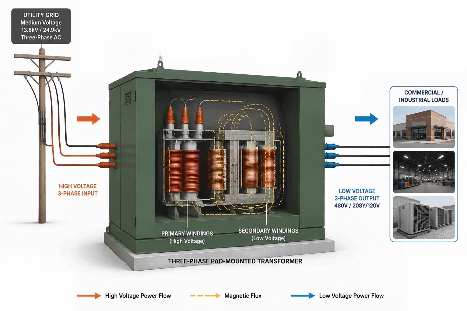 Working principle diagram of three-phase pad-mounted transformer voltage conversion