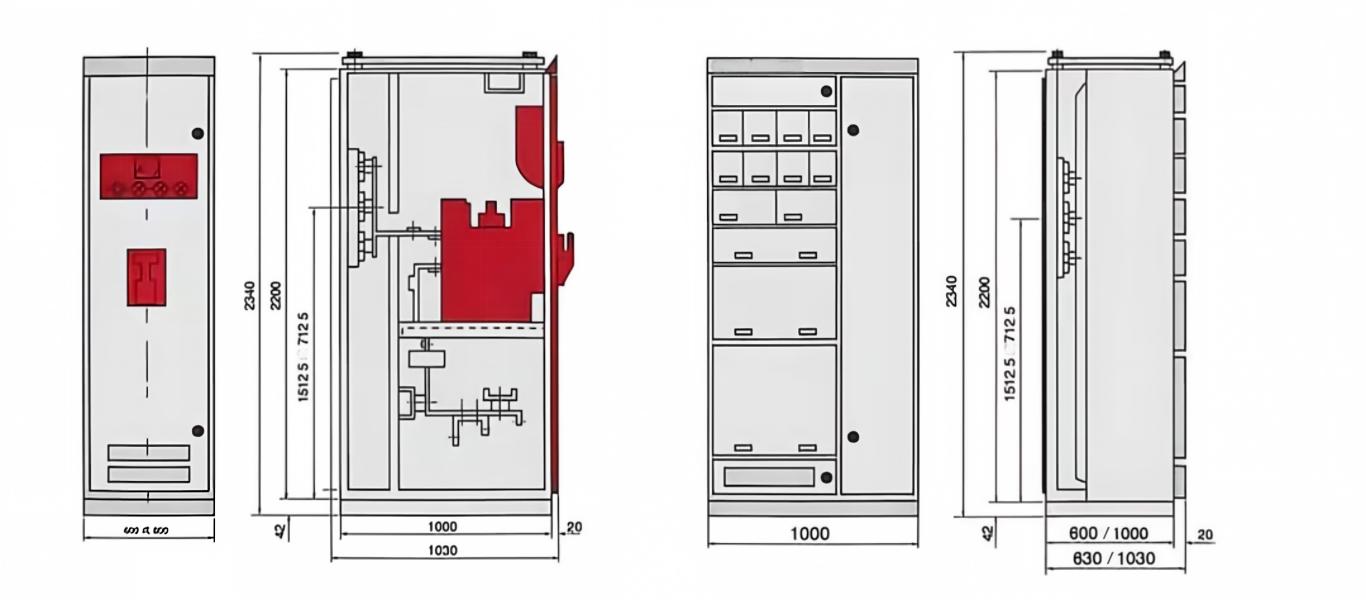 MNS switchgear cabinet technical drawing front‑side view