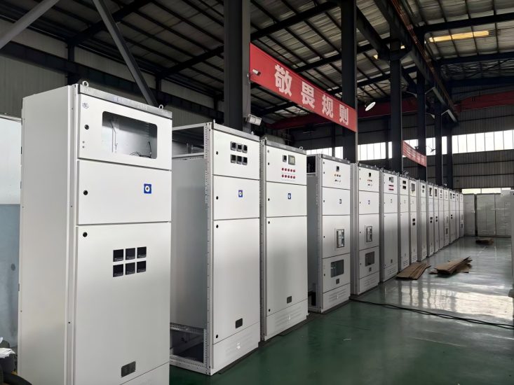 Row of complete GGD low voltage switchgear in production workshop Row of complete GGD low voltage switchgear in production workshop