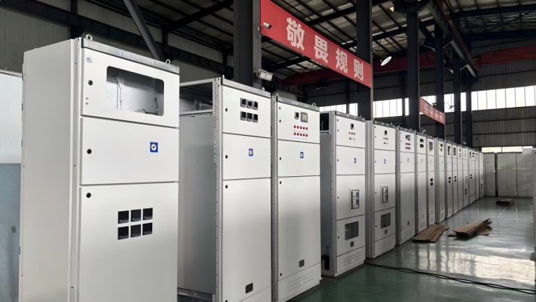 Row of complete GGD low voltage switchgear in production workshop