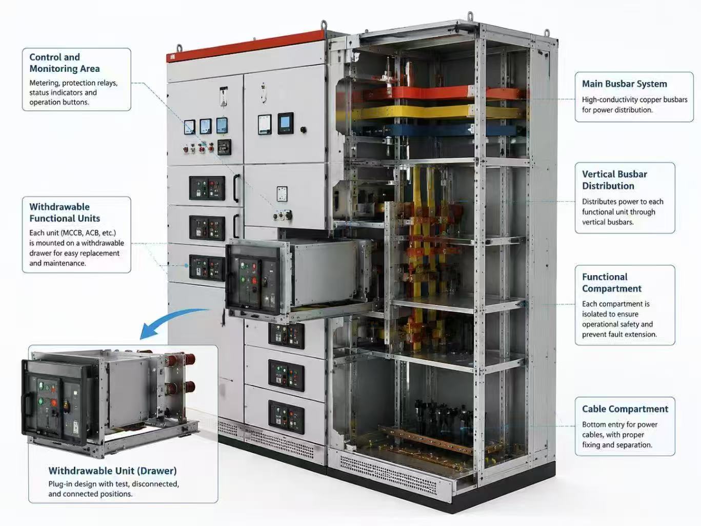 Withdrawable low voltage switchgear internal structure